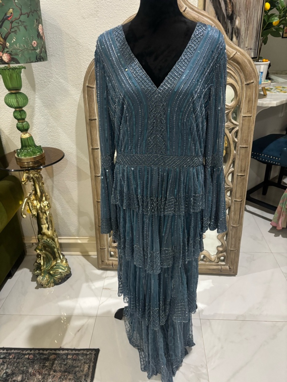 Mac Duggal Beaded Slate Blue V-Neck Tiered Evening Gown
